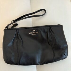 Coach Black Leather Wristlet Clutch with Silver Hardware